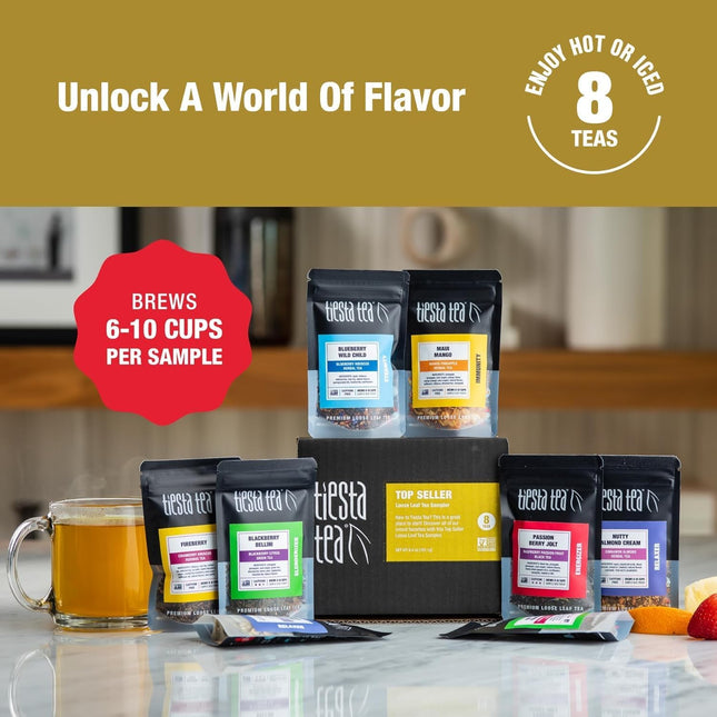 Tiesta Tea - Top 8 Favorites Sampler Set, Loose Leaf, Up to 80 Cups, High to No Caffeine, Hot & Iced, Tea Variety Pack w