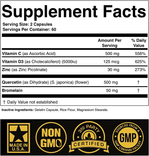Zinc Quercetin 500Mg with Vitamin C Vitamin D3 Bromelain Immune Support High Potency Quercetin Zinc Supplement ZQV by SPARTIS (Pack of 1 Bottle at