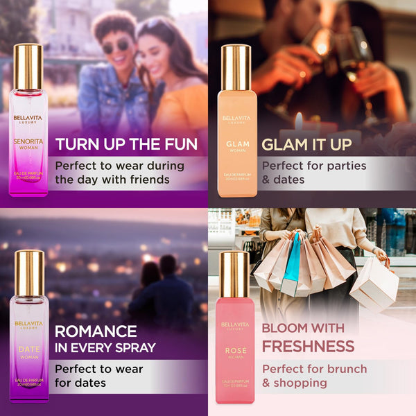 Bellavita Luxury Perfumes for Women Set (4X20Ml) | Woman Perfume with DATE, SENORITA, GLAM & ROSE | Vanilla Perfume with Floral Sweet & Musk |