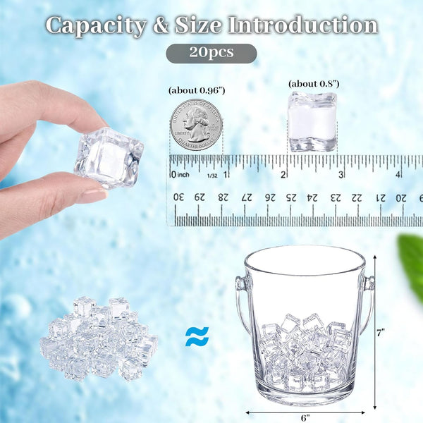 Domestar Fake Ice Cubes, 20 PCS 0.8" Plastic Ice Cubes Acrylic Square Clear Rock Diamond Crystals Display for Photography Accessories Props