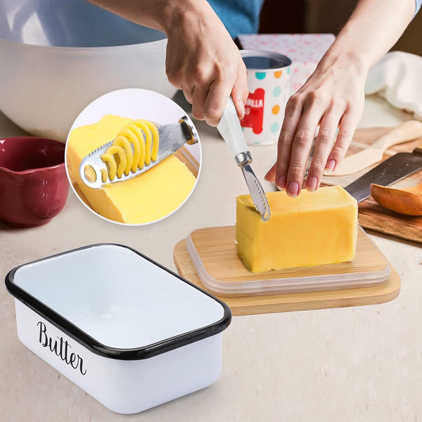 LANDNEOO Butter Dish with Lid and Butter Curler Knife - Unbreakable Stainless Steel Keeper Container with Double Silicone Sealing, for Kitchen