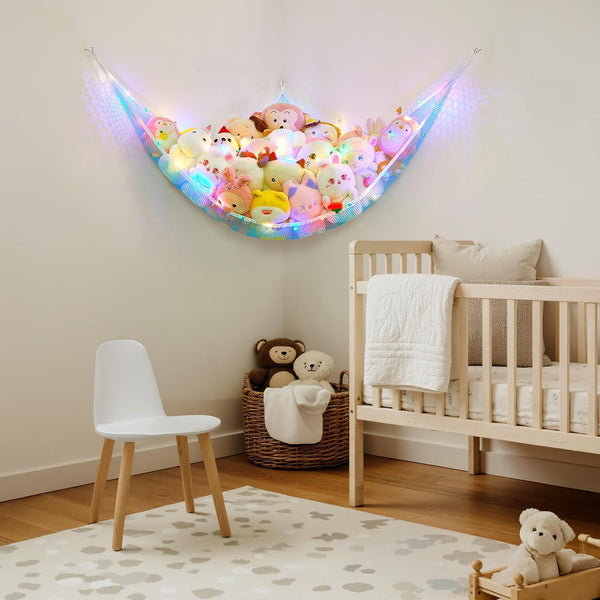 Basumee Stuffed Animals Net or Hammock with LED Light Hanging Toy Net Hammock for Stuffed Animals Storage Stuff Animals Hammocks for Nursery Kids