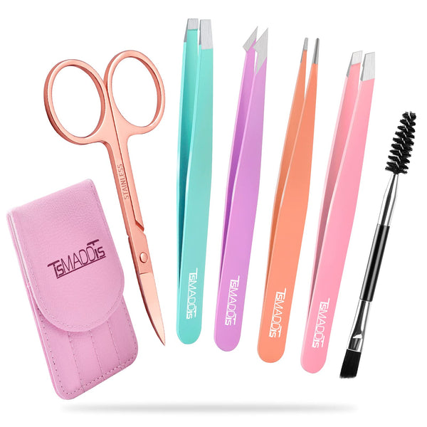 Tsmaddts 6 PCS Tweezers Set for Women, Eyebrow Tweezers with Curved Scissor for Ingrown Hair, Hair Plucking Daily Beauty Tools with Leather Travel