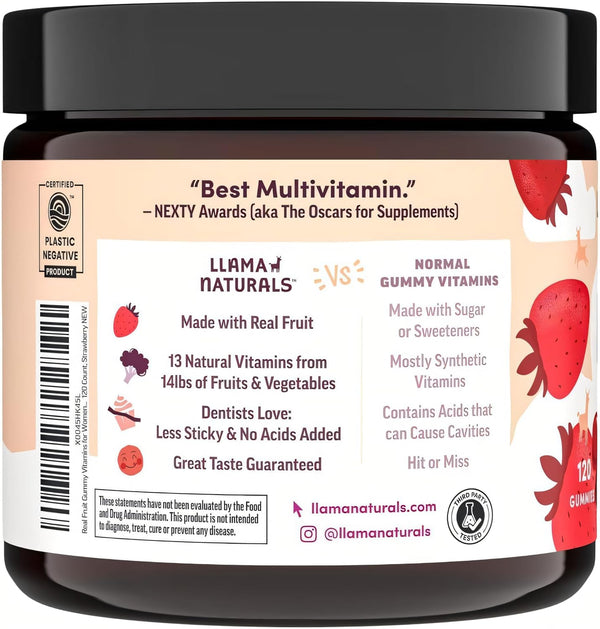 Llama Naturals Multivitamin for Women, Vegan, Organic Gummies with Vitamin D, C and K, Women'S Real Fruit Gummy Vitamins, Chewable Multivitamin