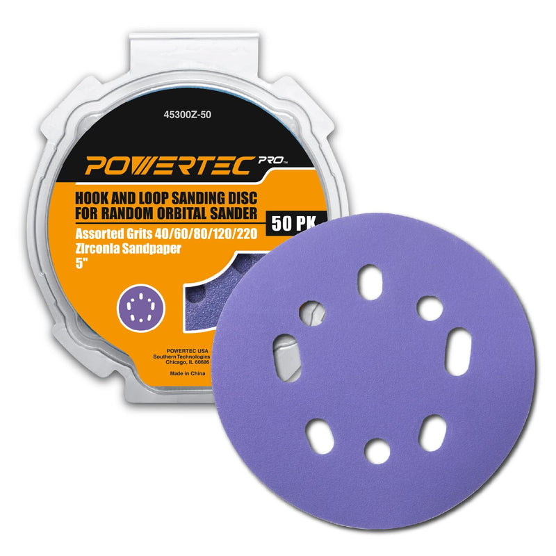 POWERTEC PRO 50PK, 5 Inch Sanding Discs Hook and Loop, 40/60/80/120/220 Grit, Zirconia Orbital Sander Sandpaper for 5 & 8 Hole Random Orbital