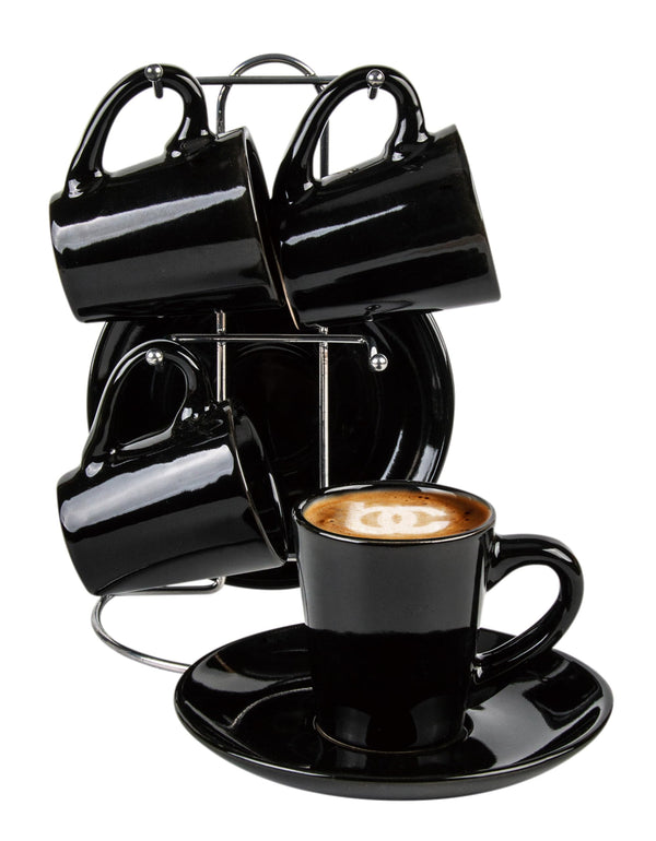 Bene Casa Black 9-Pc Espresso Set W/Metal Stand, 4 Espresso Cup Set, Cup & Saucer Set, Color Negro Juego De 4 Tazas Y 4 Platos Con Stand De Metal