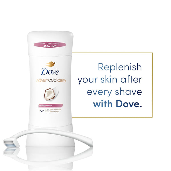 Dove Advanced Care Antiperspirant Caring Coconut, 2 Count Deodorant Stick for Women, for 48 Hour Protection And Soft And Comfortable Underarms,