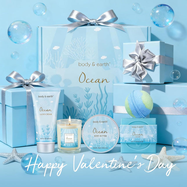 Gifts for Women, Bath and Body Womens Gift Sets with 5 Pcs Ocean Scented Spa Gifts for Women Bath Gift with Scented Cand