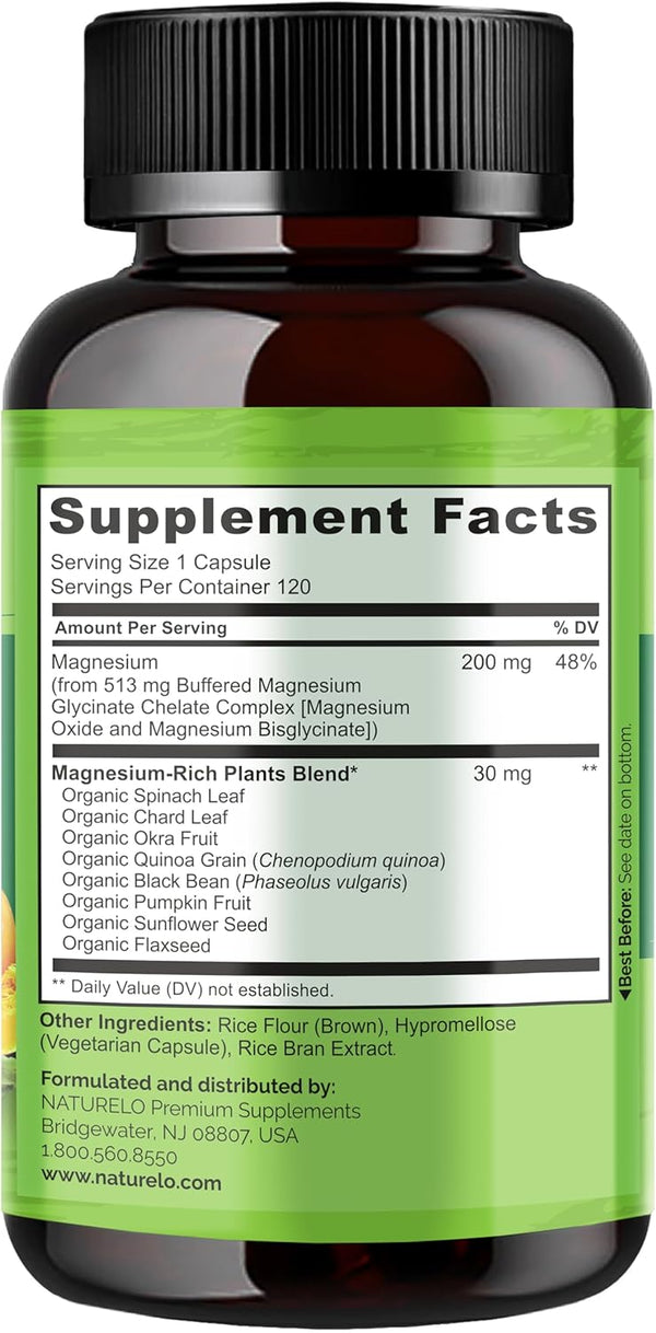 NATURELO Magnesium Glycinate Chelate Complex - 200 Mg Magnesium with Organic Vegetables to Support Sleep, Calm, Muscle Cramp & Stress Relief -