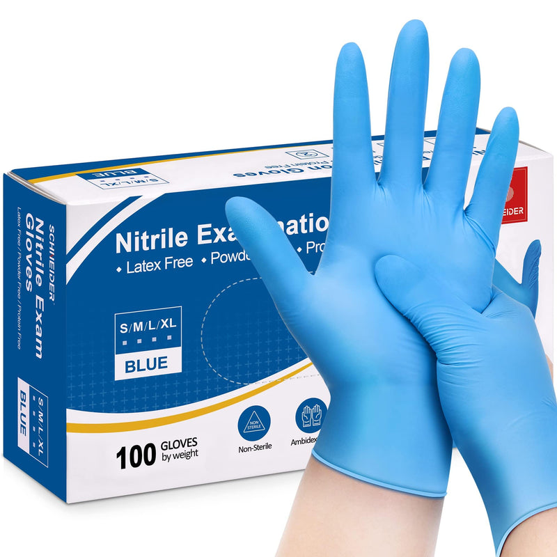 Schneider Nitrile Exam Gloves, Blue, 4 Mil, Powder-Free, Latex-Free, for Medical Exam, Cleaning and Food Prep, Non-Sterile