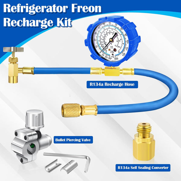 Refrigerator Freon Recharge Hose Kit-R134A R12 R22 Fridge Recharge Tool Kit with 2 BPV31 Bullet Piercing Tap Valves,1 R134A Self-Sealing Adapter,