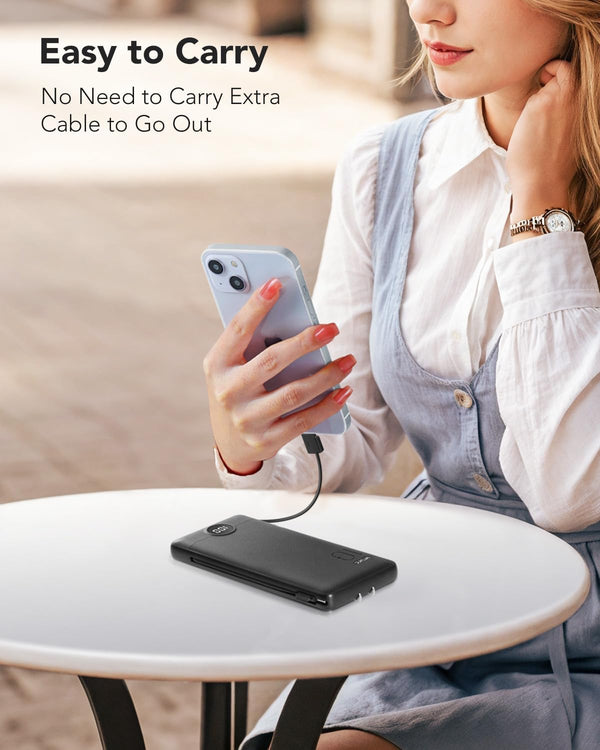 VRURC Portable Charger Built-In Cables and AC Wall Plug, USB C Power Bank 10000Mah, Travel Essentials Phone Charger Compact Lightweight External