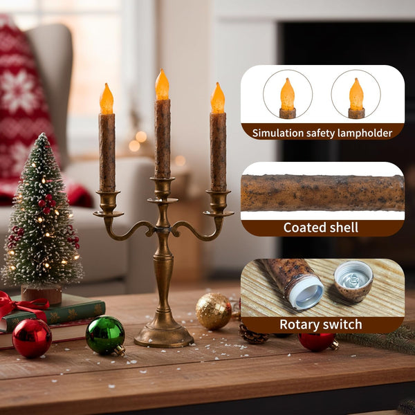 Taper Primitive Candles with Timer 6Pcs Real Wax Hand Dipped Battery Operated Flameless Candles for Christmas Halloween Home Decor Church