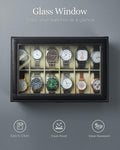 Ohuhu Watch Case, 12 Slot PU Leather Real Glass Lid, Watch Box Watch Holder Organizer Display Storage Box Soft Velvet Jewelry Box for Men and