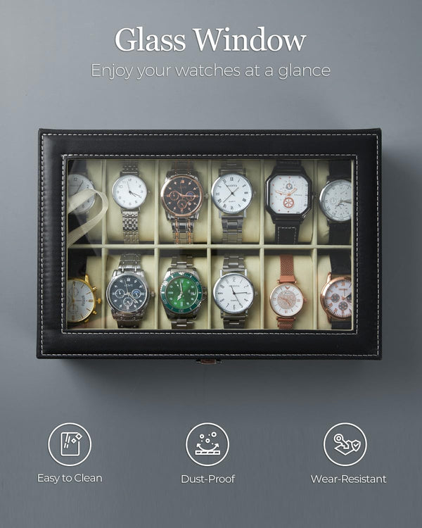 Ohuhu Watch Case, 12 Slot PU Leather Real Glass Lid, Watch Box Watch Holder Organizer Display Storage Box Soft Velvet Jewelry Box for Men and