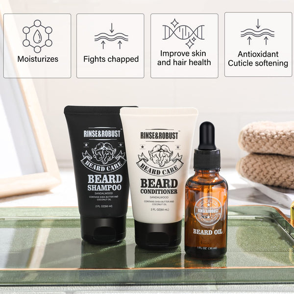 Rinse & Robust Beard Wash, Fathers Day Dad Gift, Beard Conditioner, Beard Oil, Beard Balm Gift Set - Sandalwood Fragrance, Natural, Gluten Free