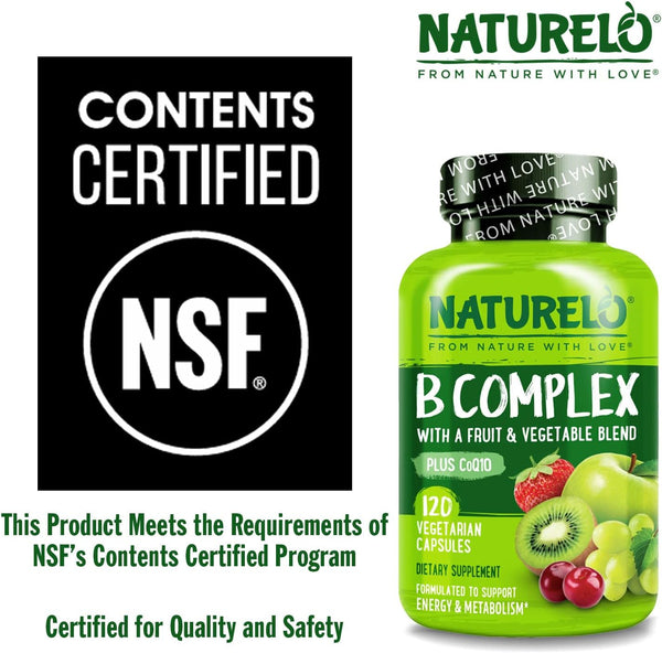NATURELO Vitamin B Complex with Methyl B12, Methyl Folate, Vitamin B6, Biotin plus Choline, Coq10, and Fruit & Vegetable Blend - Supports Energy &