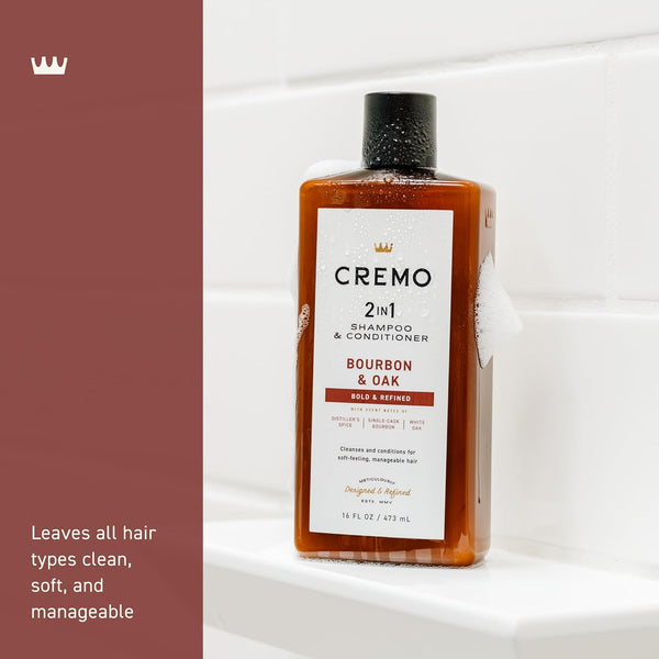 Cremo Bourbon & Oak 2 in 1 Shampoo & Conditioner for Men, a Sophisticated Blend of Distillers Spice, Fine Bourbon and White Oak, 16 Fl Oz