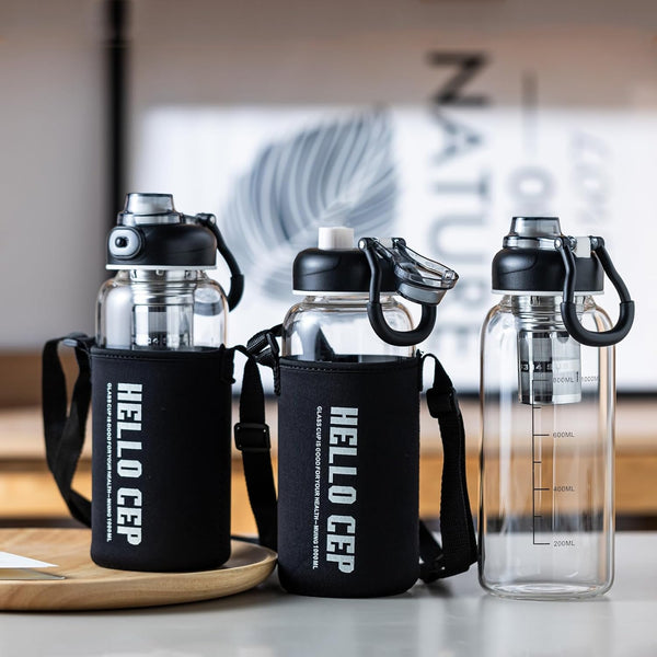 34Oz Glass Water Bottle with Capacity Mark & Stainless Steel Tea Strainer-Large Capacity for Hot/Cold Drinks,Coffee,Tea,And Water-Includes