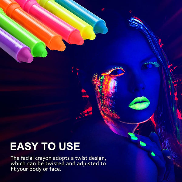 6 Pcs Glow in the Light Body Face Paint, Face Painting Kit, UV Crayon Kit Fluorescent Body Paints for Adults for Birthday Party Halloween