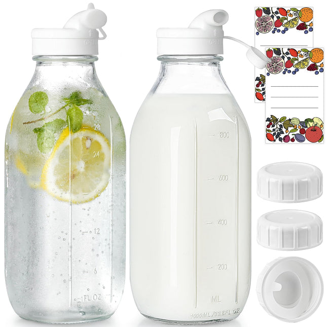 Milk Bottle with Dispenser Cap, 100% Airtight Heavy Duty Screw Lid. 2 Pack 32 Oz Reusable Glass Bottles with 3 Lids! Bre