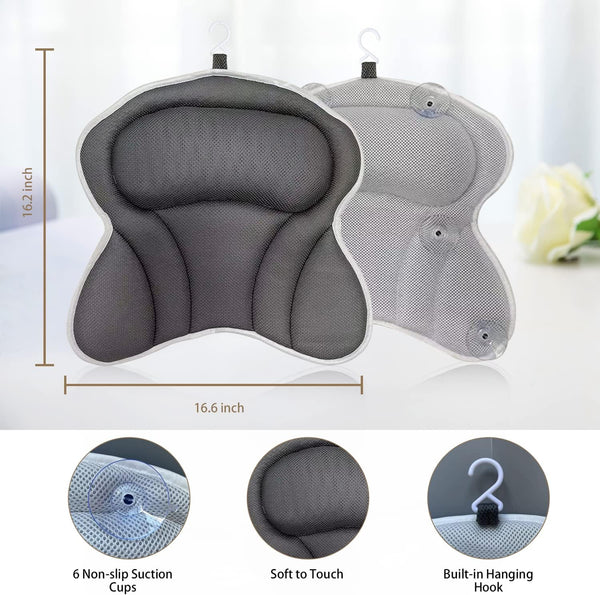 Bath Pillow - Ergonomic Bath Pillows for Tub Neck and Back Support, Bathtub Pillow with Powerful Suction Cups, Quick Dry & Ultra Soft 4D Mesh Tub