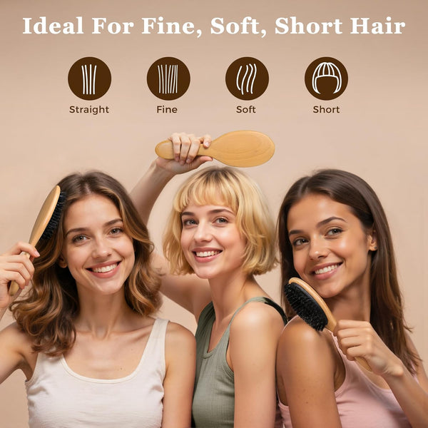 BLACK EGG Boar Bristle Hair Brush for Women Men Kid, Soft Natural Bristles Brush for Thin and Fine Hair, Restore Shine and Texture, Set Includes