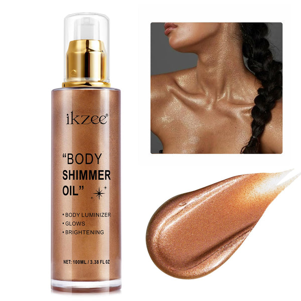 Shimmer Oil 100ml, Moisturizing Long Lasting Body Luminizer Face Brighten, Waterproof Liquid Illuminator Glow, Glitter Oil Highlighter Summer