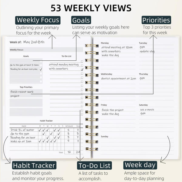Undated Weekly and Monthly Planner Spiral Bound- Weekly Goals Planner Notebook, Weekly to Do List, Habit Tracker Journal, Academic, Aesthetic,