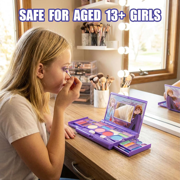 Disney Frozen All-in-One Kids Cosmetic Compact Set Includes Washable Lip Gloss, Eye Shimmer, Cheek Shimmer, Brushes Colorful Portable Beauty Set