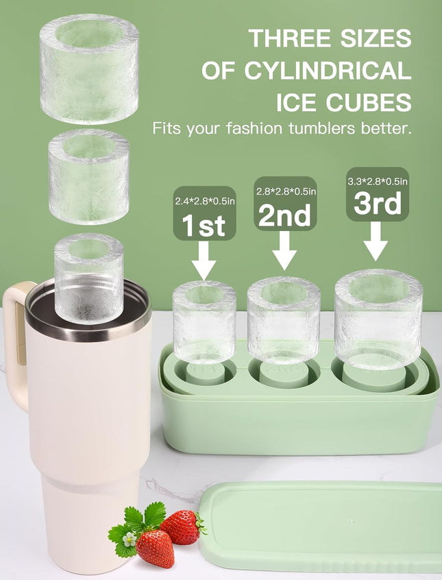 Ice Cube Tray for Tumbler Cup 30Oz-40Oz, 3 Pcs Silicone Cylinder Ice Mold with Lid and Bin for Freezer, Easy Fill and Re