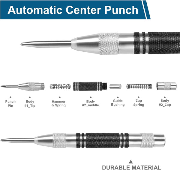 2Pcs Heavy Duty Automatic Center Punch, 5'' Premium Steel Spring Loaded Center Hole Punch, Adjustable Spring Impact Center Marker Scriber Tool for