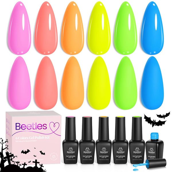 Beetles Neon Gel Nail Polish Set, Bright Rainbow Collection 6 Colors Hot Pink Blue Yellow Green Soak off UV LED Neon Gel Nail Polish Kit Gift for