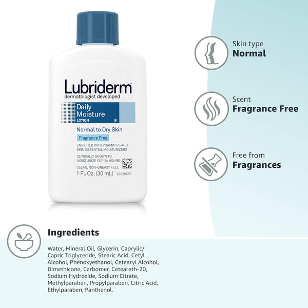 Lubriderm Daily Moisture Body Lotion for Sensitive, Dry Skin, Enriched with Vitamin B5, Dye and Lanolin Free, Unscented and Non-Greasy, 16 Fl. Oz