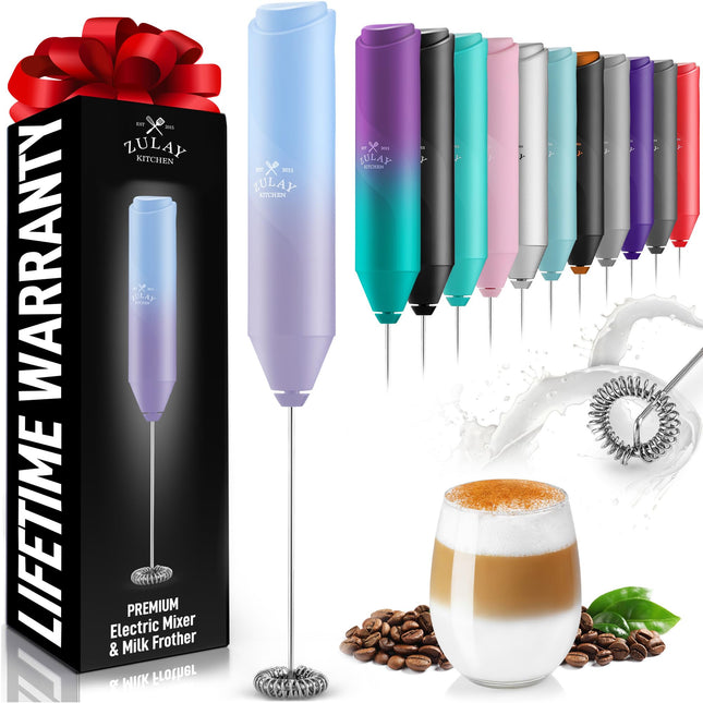 Zulay Kitchen Powerful Milk Frother Wand - Mini Milk Frother Handheld Stainless Steel - Battery Operated Drink Mixer for