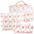 3Pcs Cotton Quilted Makeup Bag for Women Girls Large Small Travel Floral Cosmetic Bags Set Cute Coquette Pink Makeup Pouch for Purse Aesthetic