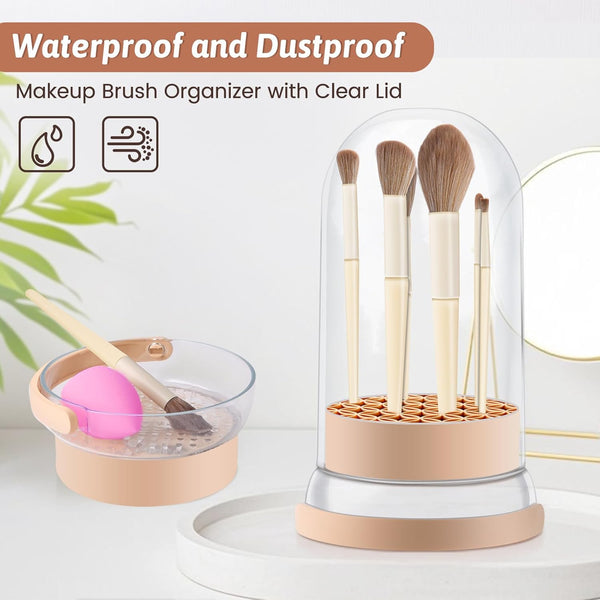 3 in 1 Makeup Brush Cleaner Mat, Silicone Makeup Brush Cleaner Bowl and Dryer, Waterproof Makeup Brush and Sponge Cleaner with Lid (Khaki)