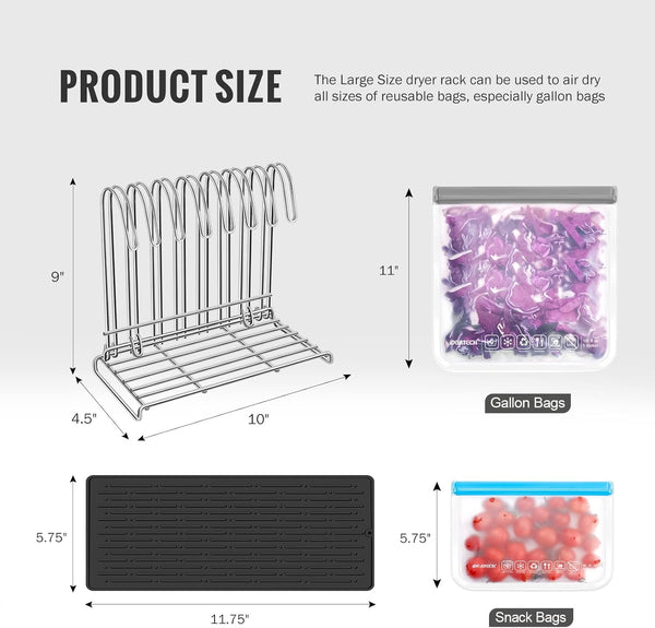 IDEATECH Reusable Bag Rack with Cup Drying Mat,Plastic Bag Dryer Rack Dish Drying,Collapsible Kitchen Counter Storage Organizer Sponge