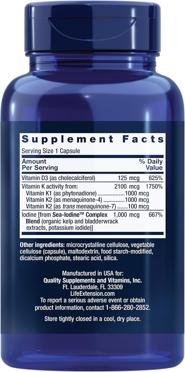 Life Extension Vitamins D and K with SeaIodine Bone Brain Thyroid Arterial Support Non GMO Once Daily Gluten Free, 60 Count 60 Count (Pack of 1)