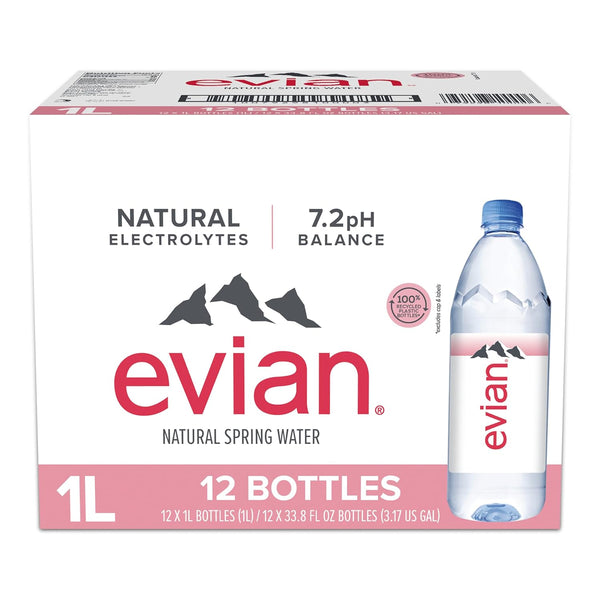 Evian Natural Spring Water, 1 L Bottle, 12 Pack