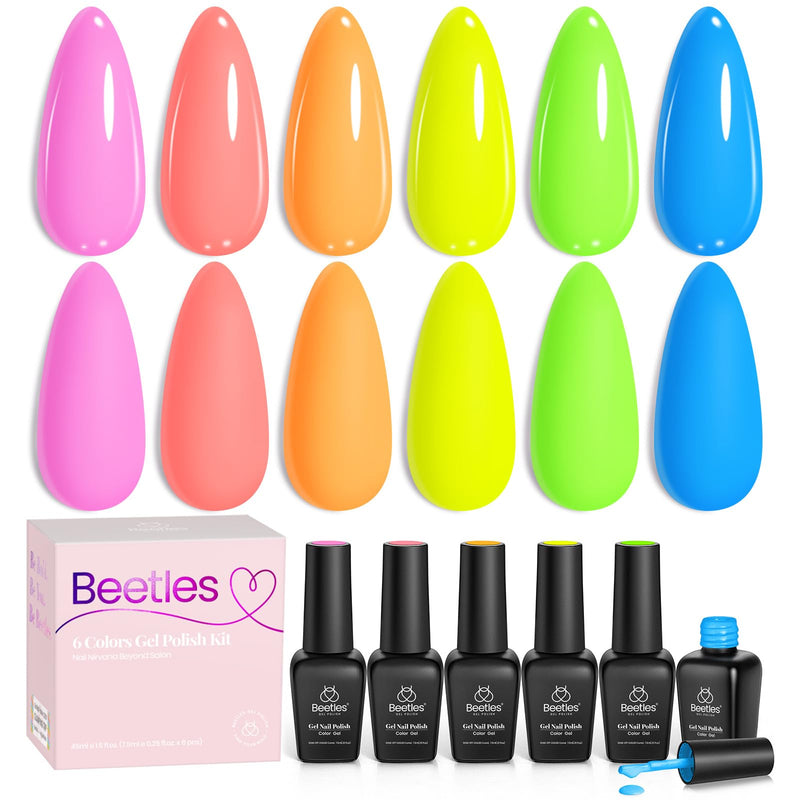 Beetles Neon Gel Nail Polish Set, Bright Rainbow Collection 6 Colors Hot Pink Blue Yellow Green Soak off UV LED Neon Gel Nail Polish Kit Gift for