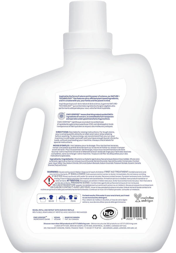 ATTITUDE Liquid Laundry Detergent, EWG Verified Laundry Soap, HE Compatible, Vegan and Plant Based Products, Cruelty-Free, Unscented, 40 Loads,