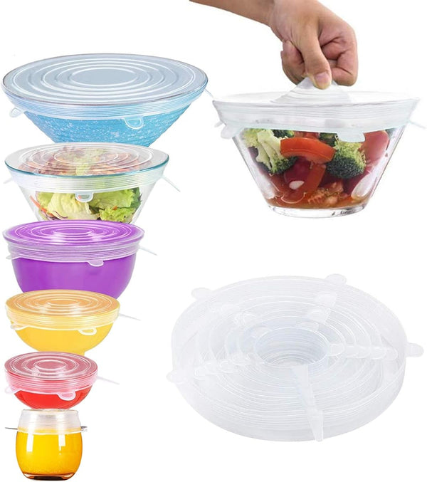 Silicone Stretch Lids, Durable & Eco-Friendly Elastic Lids Reusable Heat Resistant Various Sizes Cover for Bowl(White-6Pack)