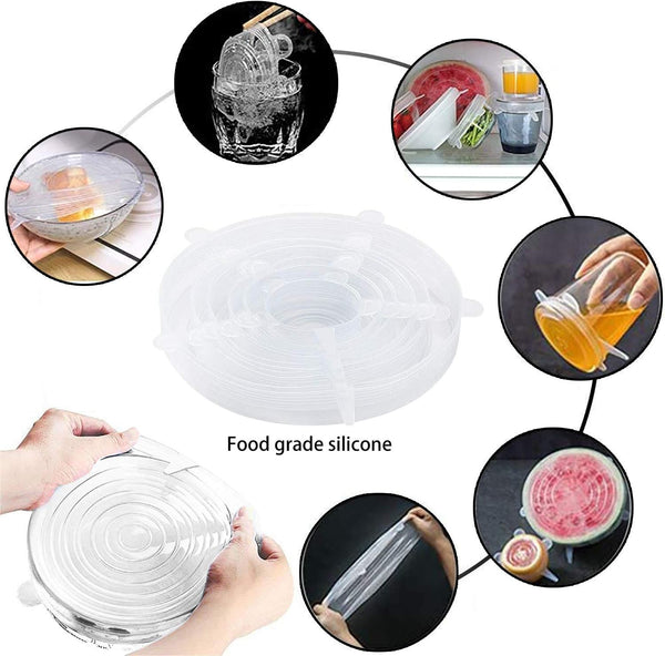 Silicone Stretch Lids, Durable & Eco-Friendly Elastic Lids Reusable Heat Resistant Various Sizes Cover for Bowl(White-6Pack)
