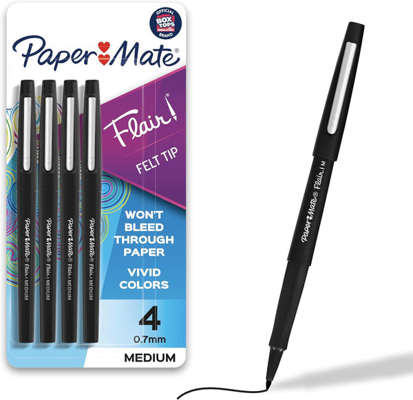 Paper Mate Flair Felt Tip Pens, Medium Point (0.7Mm), Black, 4 Count