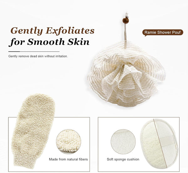 Natural Hemp Bath Mitts & Loofah Gloves Set - Exfoliating Shower Gloves for Women and Men, Organic Fiber Body Scrubber, Reusable Eco-Friendly Bath