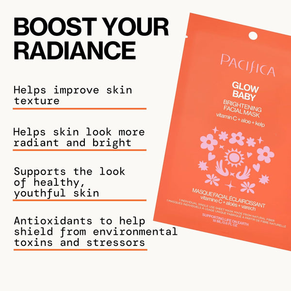 Pacifica Sheet Face Mask - Glow Baby Brightening Facial Mask W/Vitamin C, Aloe & Kelp â Cooling Mask for Dark Spots & Fine Lines - Clean Beauty
