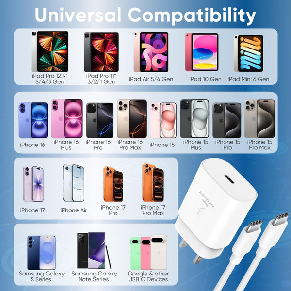 30W USB C Fast Charger Compatible Iphone 16/16 Plus/16 Pro/16 Pro Max/Iphone 15/15 Pro Max/Ipad Pro/Airpods, PD USBC Fast Charging Block Wall Plug