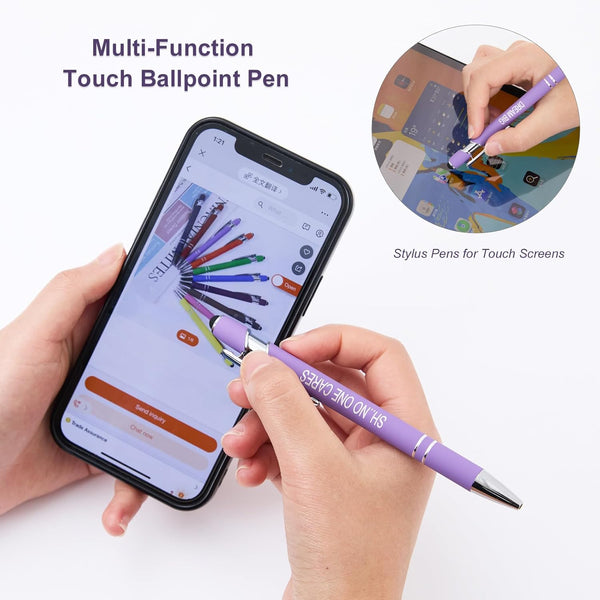 Funny Pens - 12 Pack Fine Point Smooth Writing Pens with Inspirational Tips, Black Ink, Touch Stylus Screens, Motivational Gift for Office & Desk