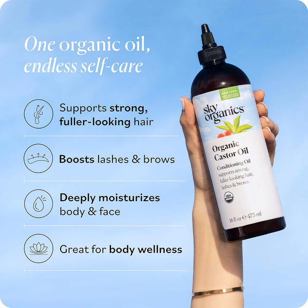 Sky Organics Castor Oil - USDA Certified Organic Hair Oil for Hair Growth, Skin, Face, Eyelashes - Cold Pressed & Hexane Free - Pure Organic